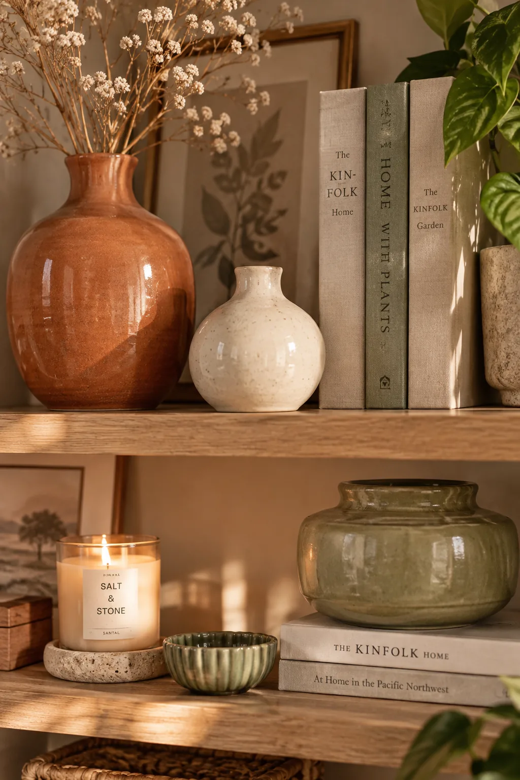 A bedroom display shelf with color-coordinated decor and books