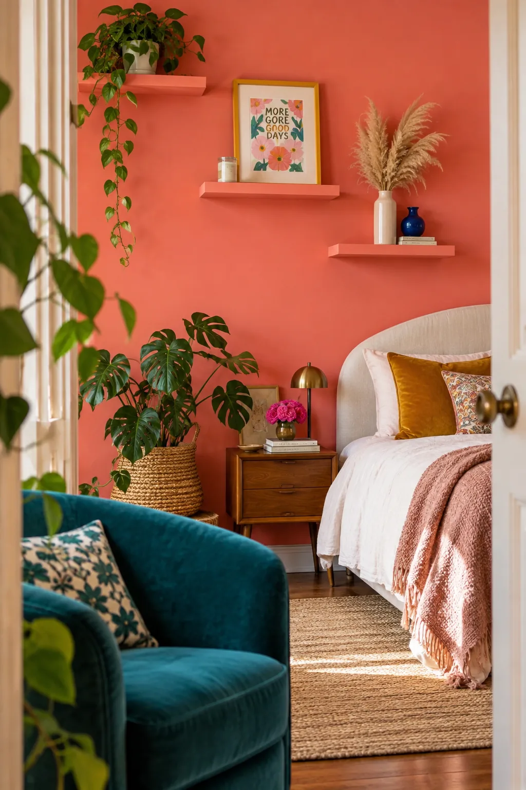 Three staggered short ledges on a bedroom wall