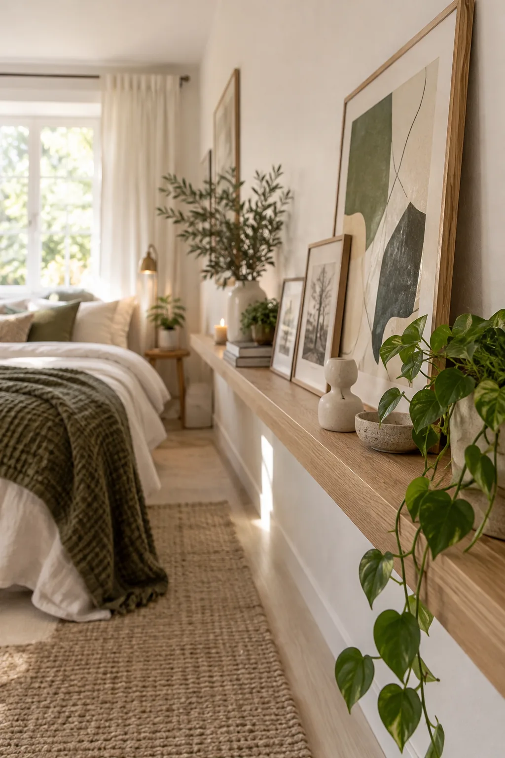 A long picture ledge above a bed with layered framed art