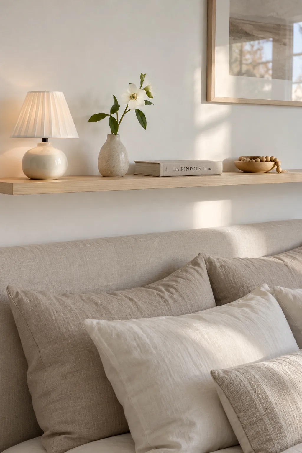 A minimalist bedroom shelf with evenly spaced objects