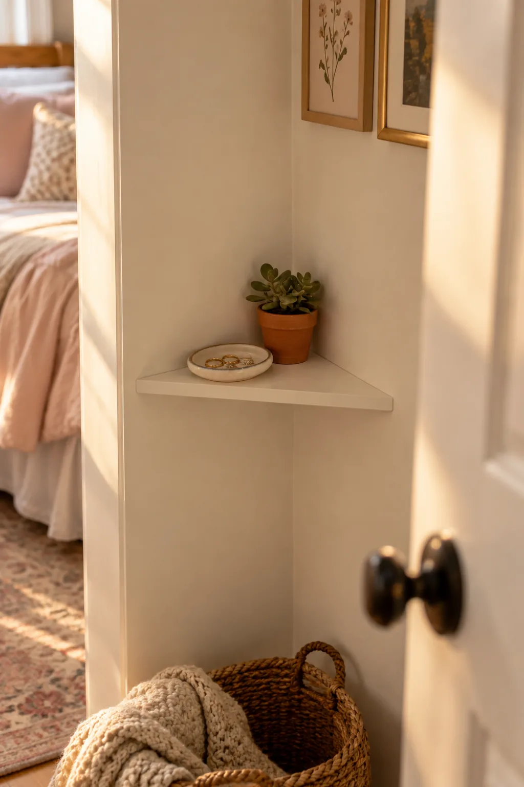 A small triangular corner shelf behind a bedroom door