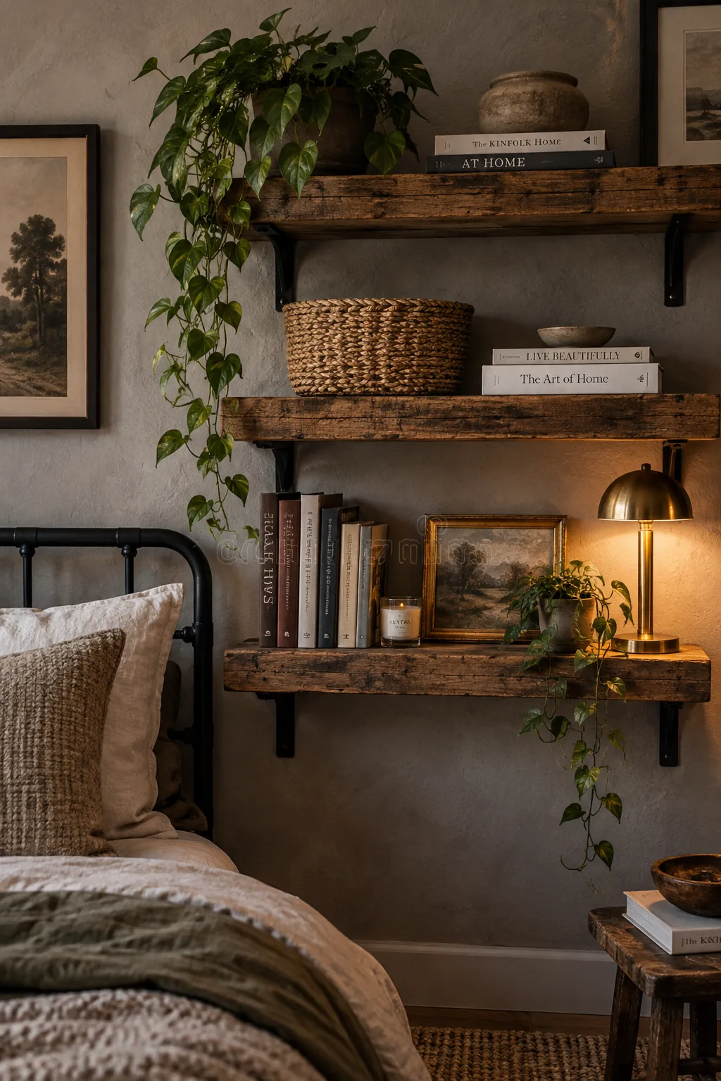 Reclaimed wood wall shelving with black metal brackets