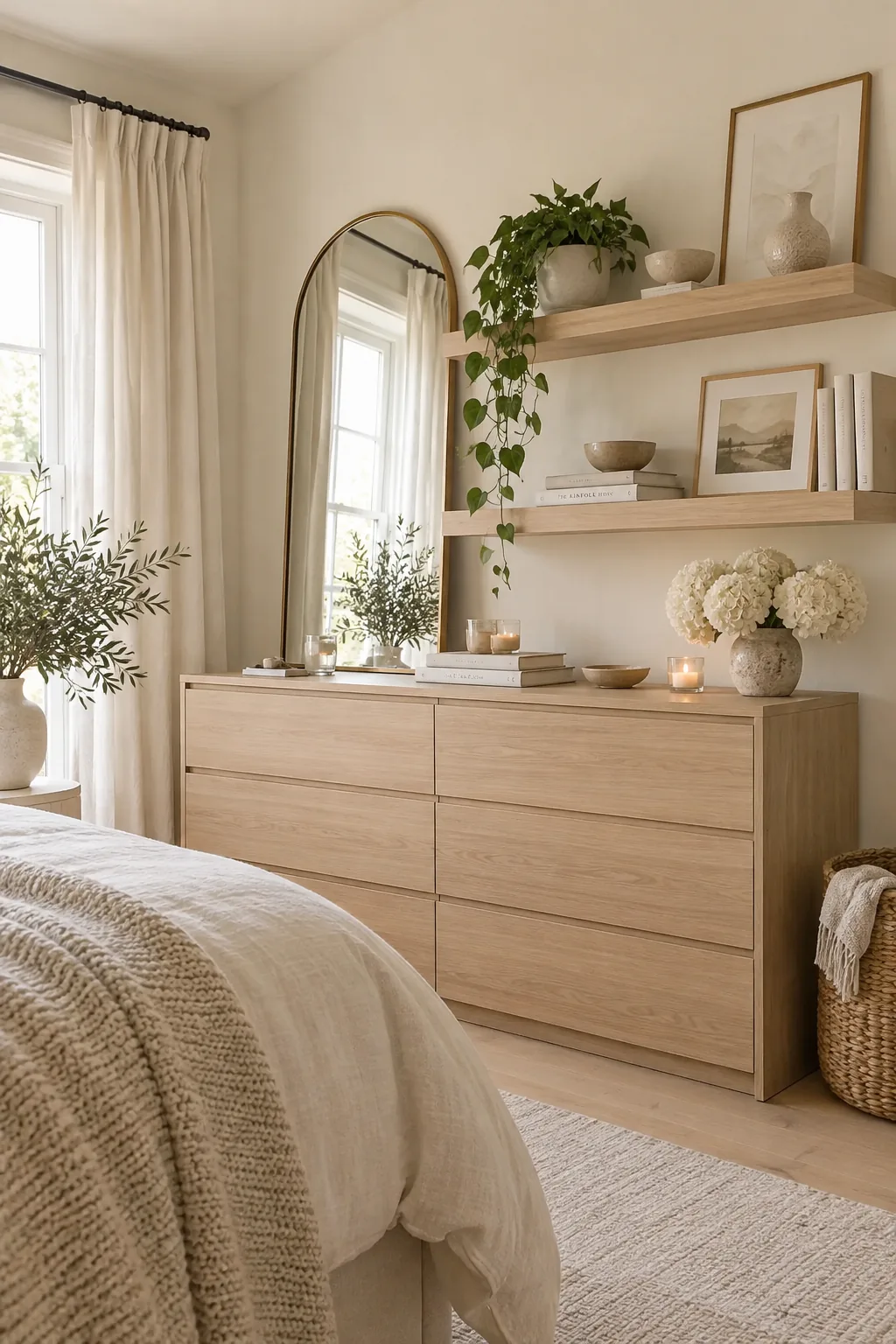 A low bedroom shelf mounted just above a dresser