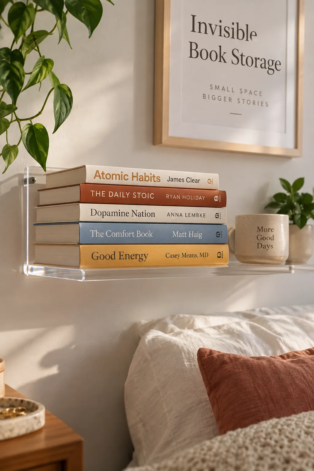 An acrylic floating shelf holding colorful books