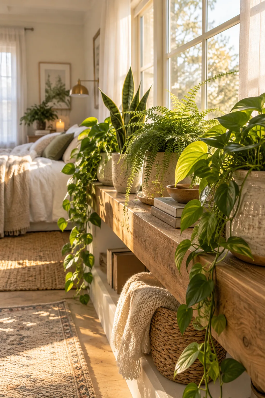A deep chunky wood shelf under a sunny window with plants