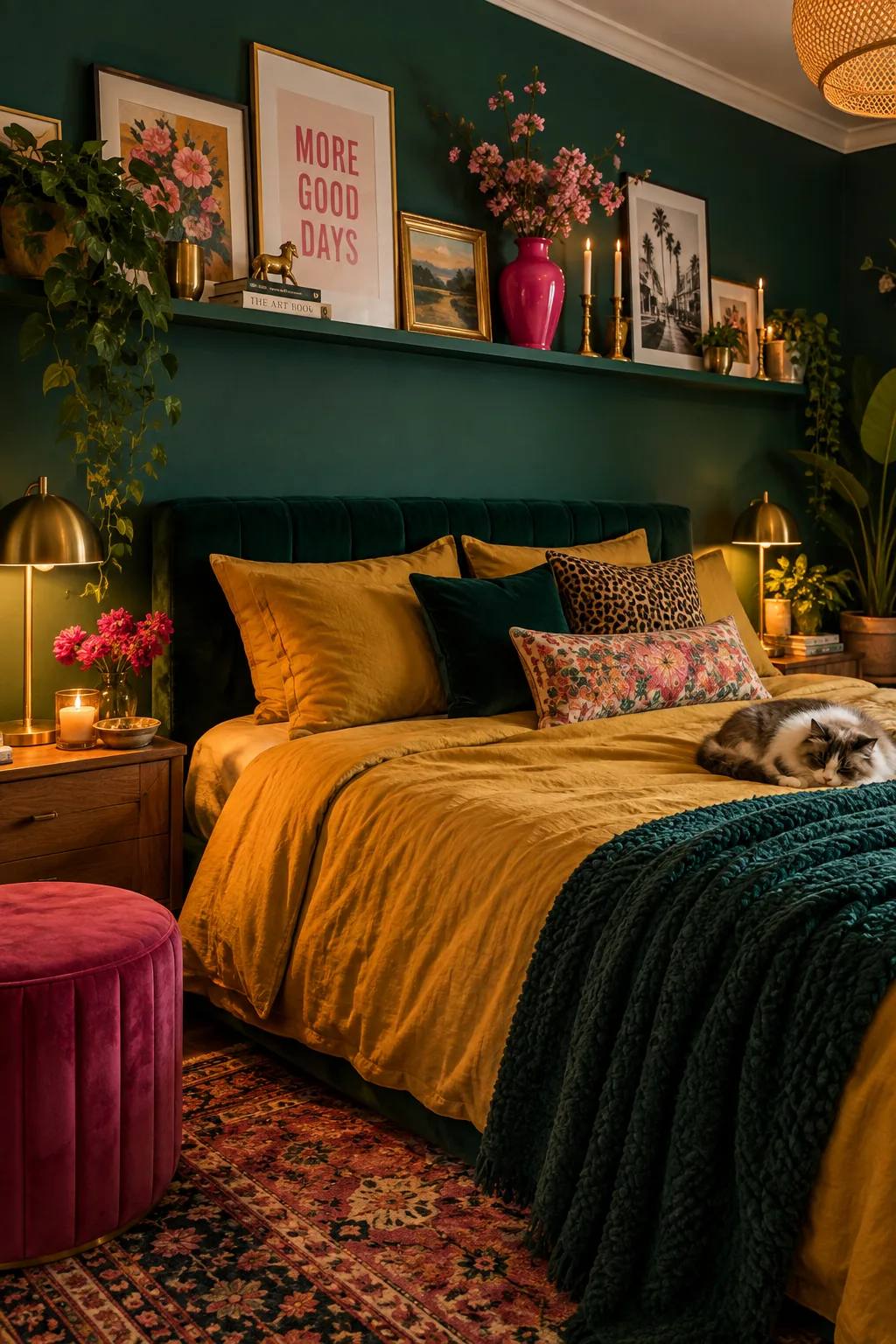 A continuous ten-foot picture ledge across a bedroom wall