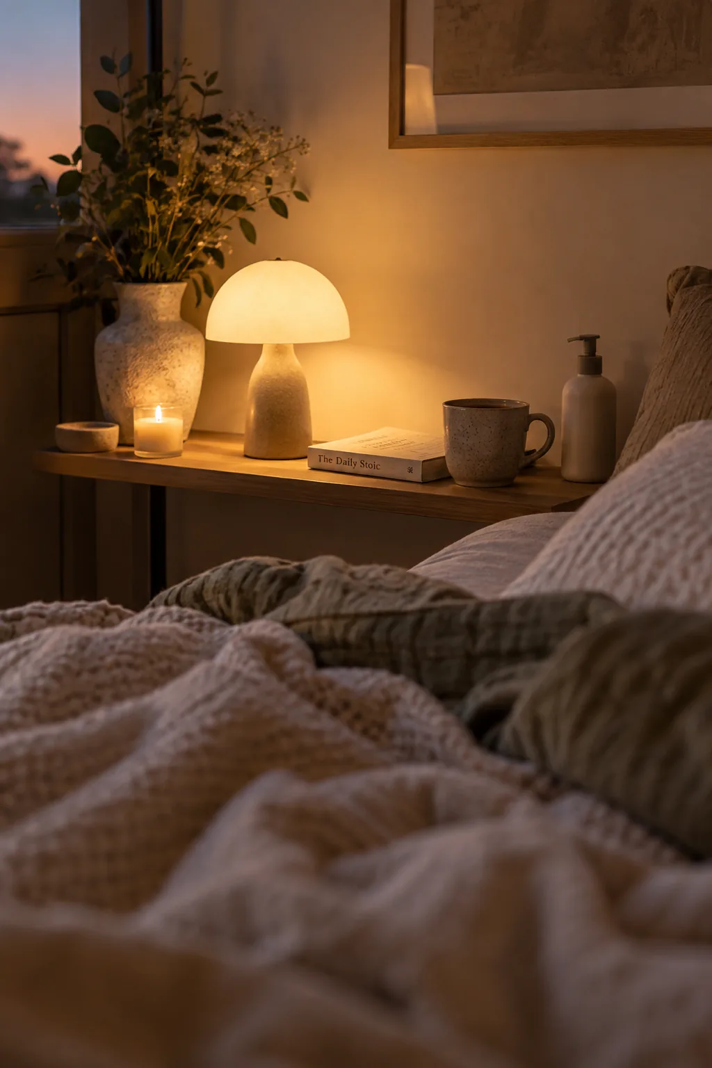 A small bedside shelf holding a sleep mask and hand cream