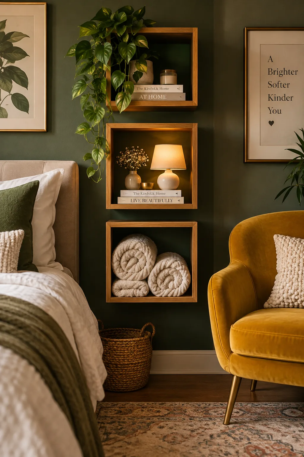 Three vertically stacked box shelves painted dark green inside