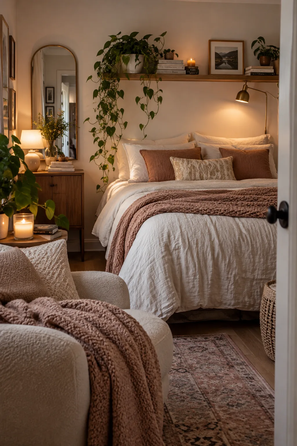 A sleek over-bed shelf holding a reading light and trailing pothos