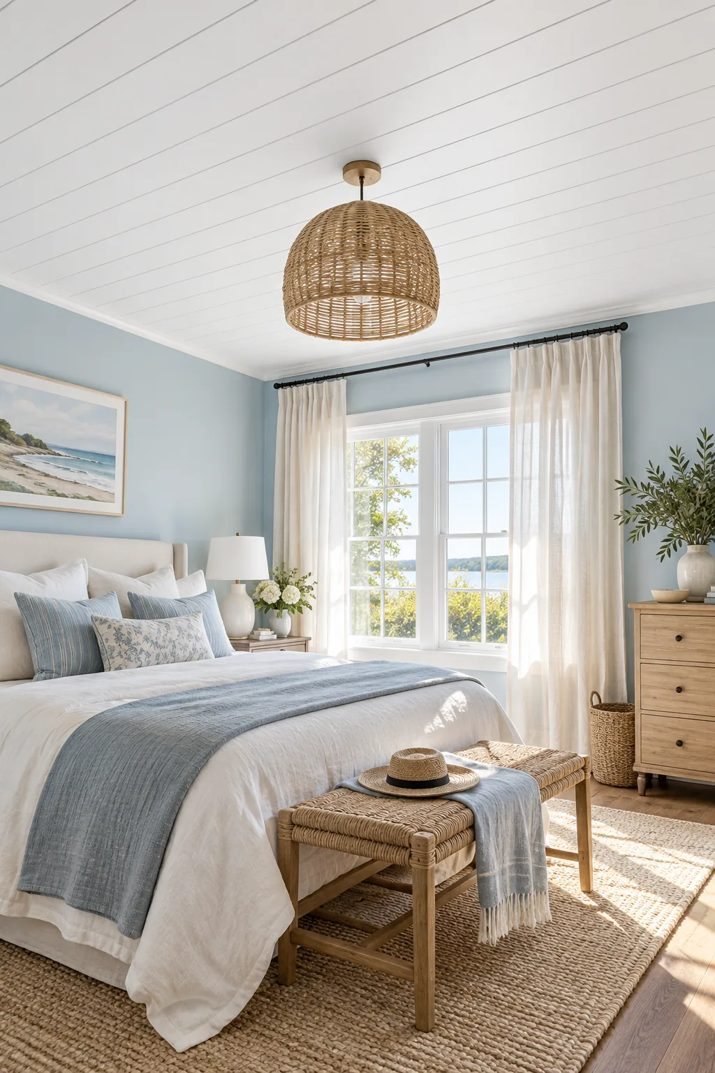 A coastal bedroom with a white shiplap ceiling, pale blue walls, and a woven pendant light.