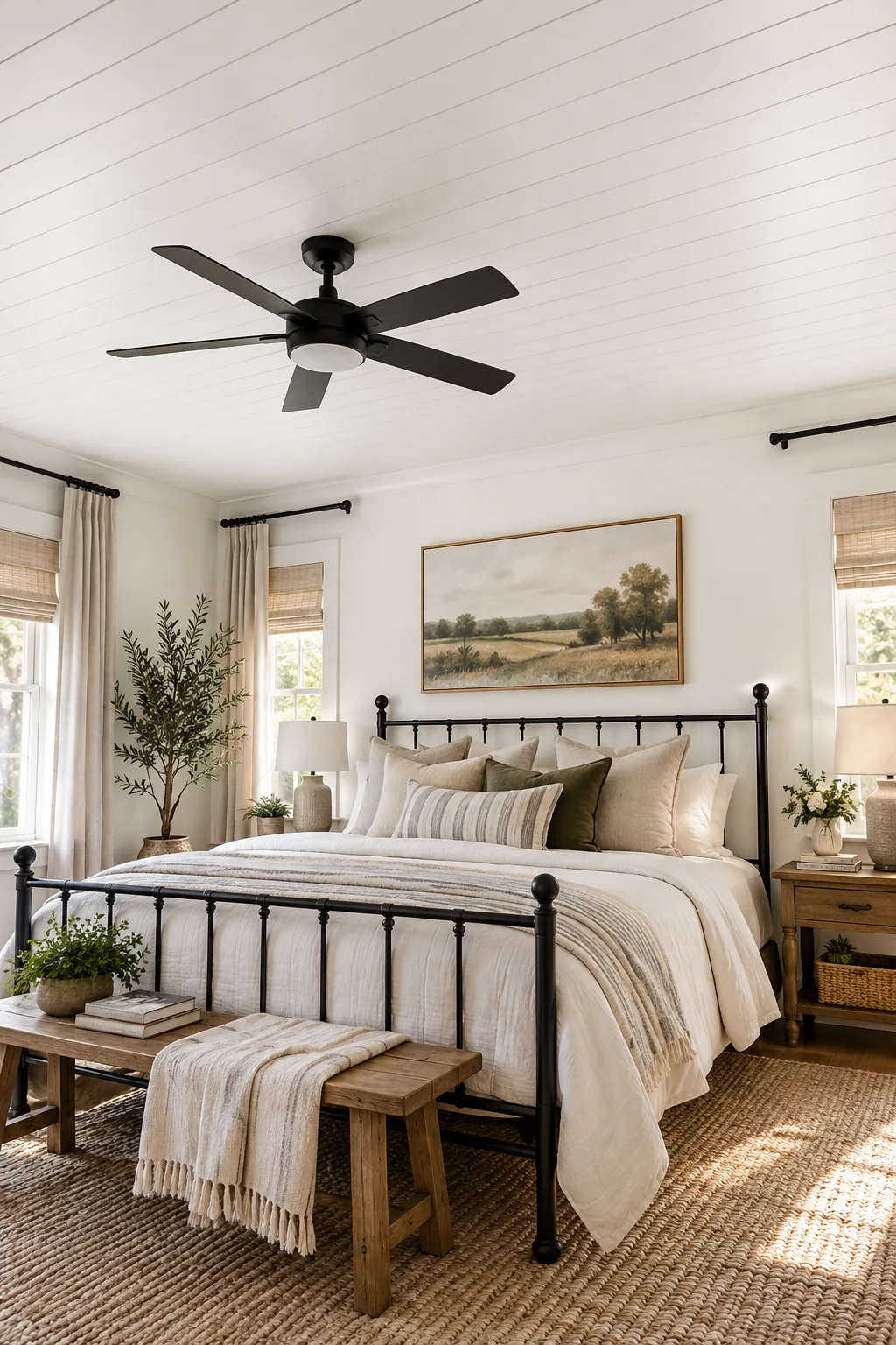 A modern farmhouse bedroom with a white shiplap ceiling and a matte black ceiling fan.