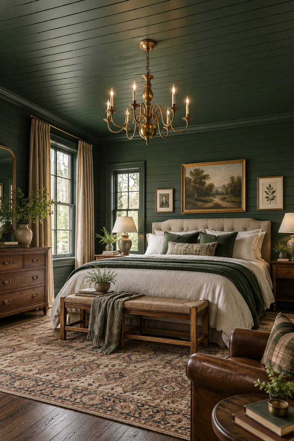 A moody bedroom featuring a dark green painted shiplap ceiling and a brass chandelier.