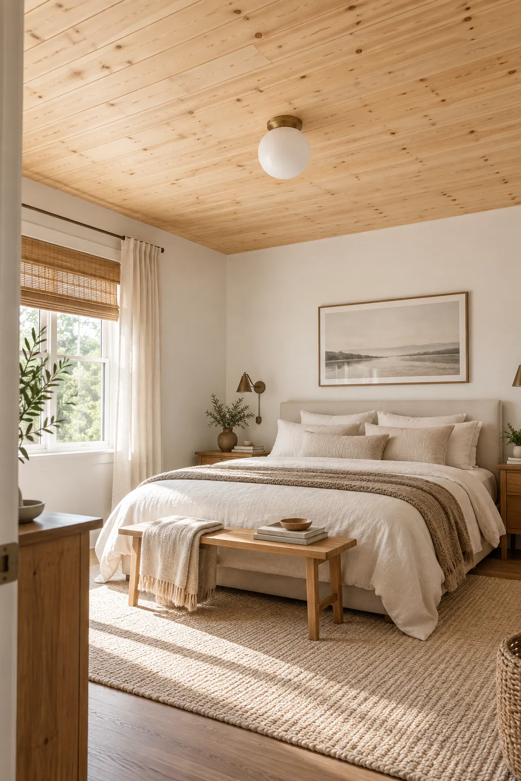 A minimalist bedroom with a natural wood shiplap ceiling and a simple globe light.