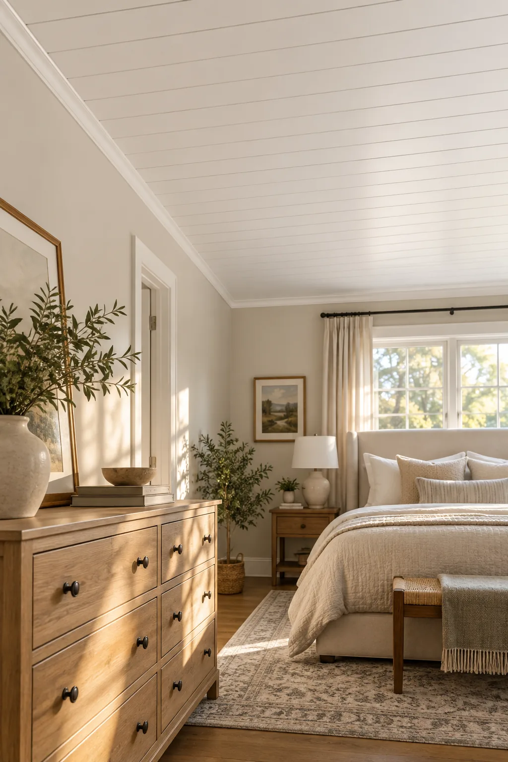 Consistent 6-inch white shiplap planks running across a bedroom ceiling above a made bed.