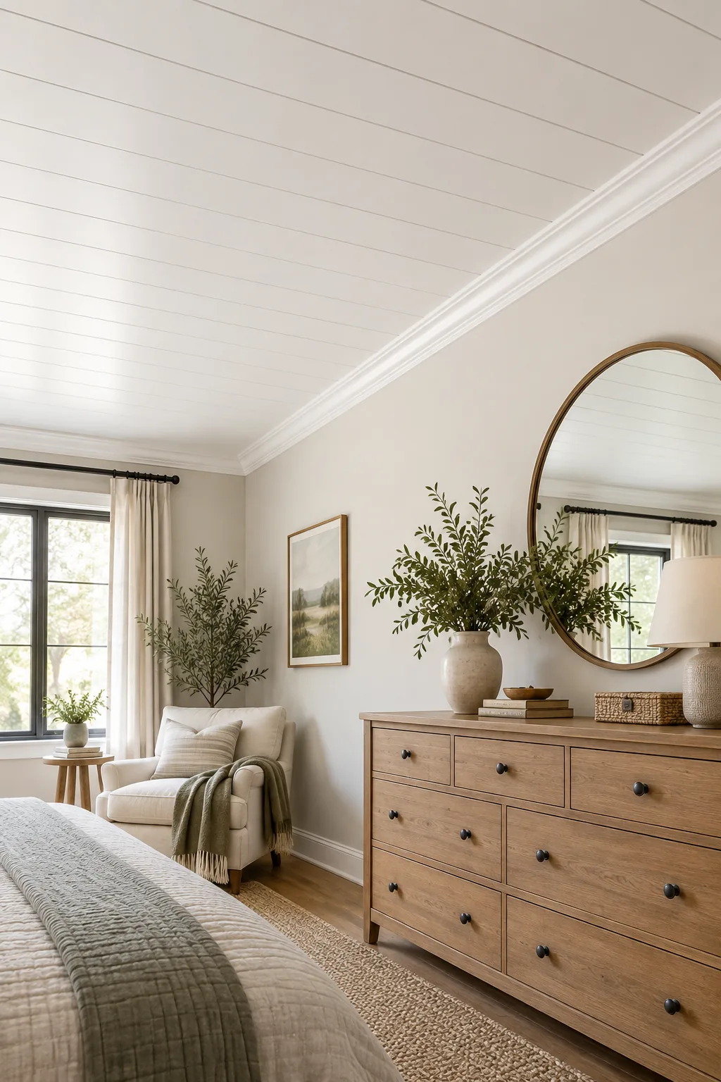 Close-up of a finished shiplap ceiling showing dark, clean shadow lines between the painted white boards.
