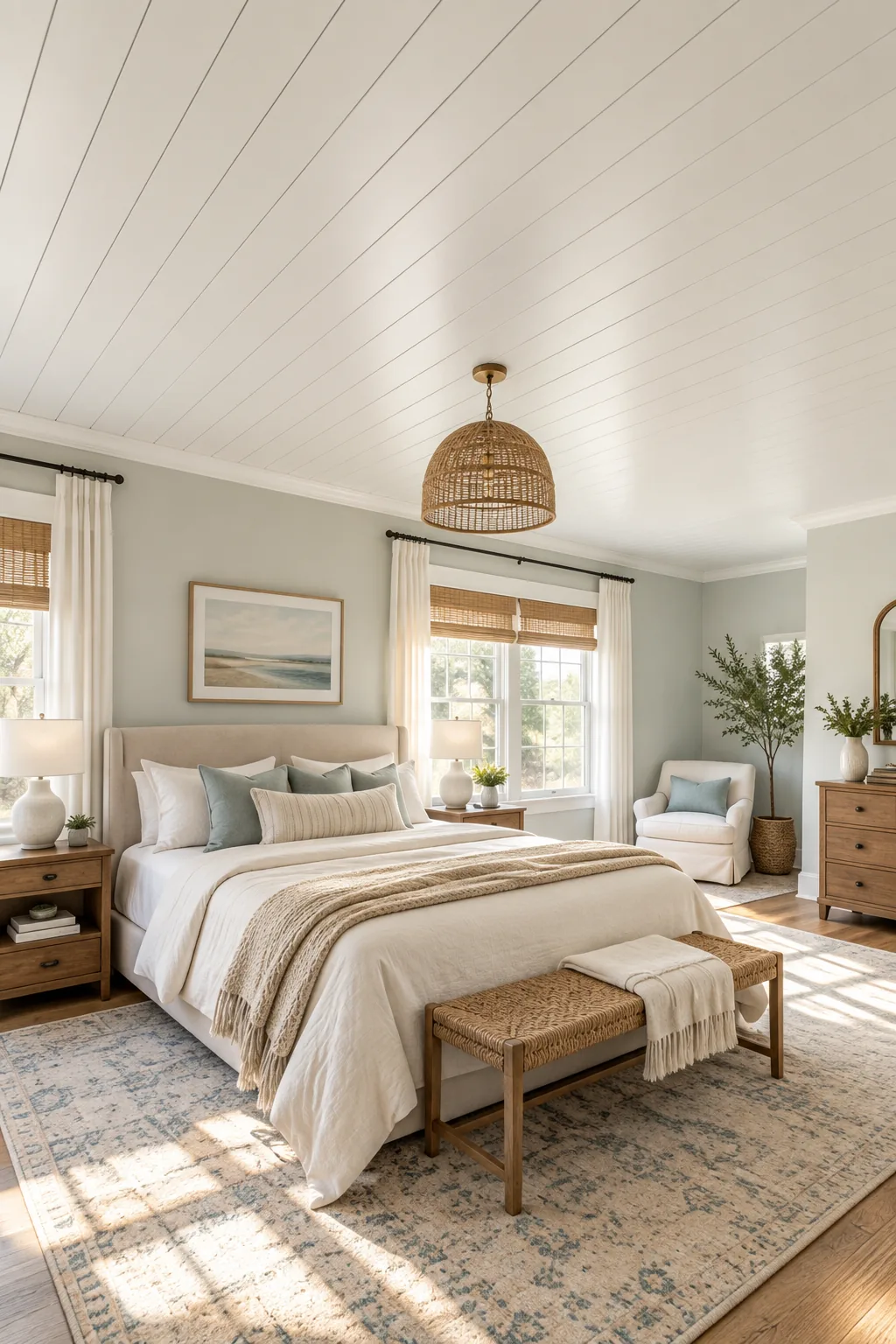 A clean transition where a white shiplap ceiling meets a beige wall, finished with crown molding.