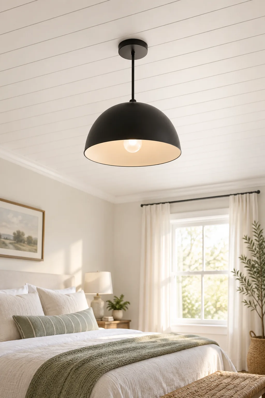 Looking straight up at parallel, uniform gaps in a white painted shiplap ceiling.