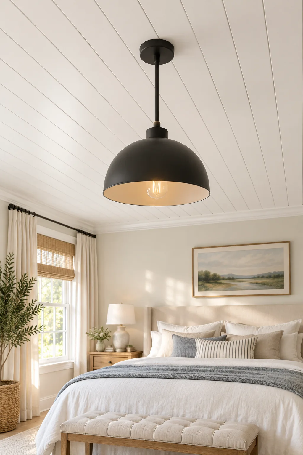 A matte black pendant light fixture mounted flush against a white shiplap ceiling.