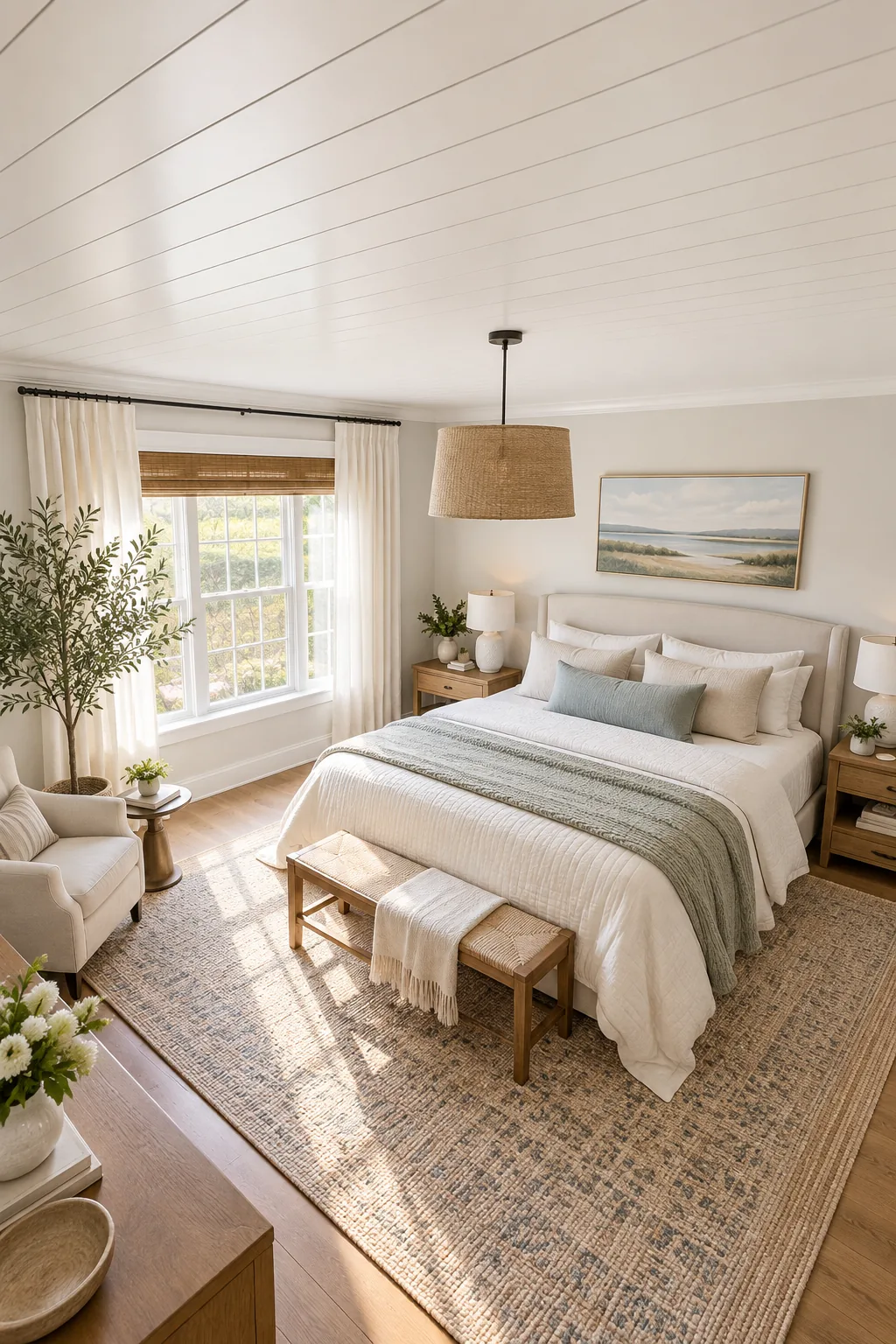 A wide view of a fully decorated, bright bedroom featuring a new white shiplap ceiling.