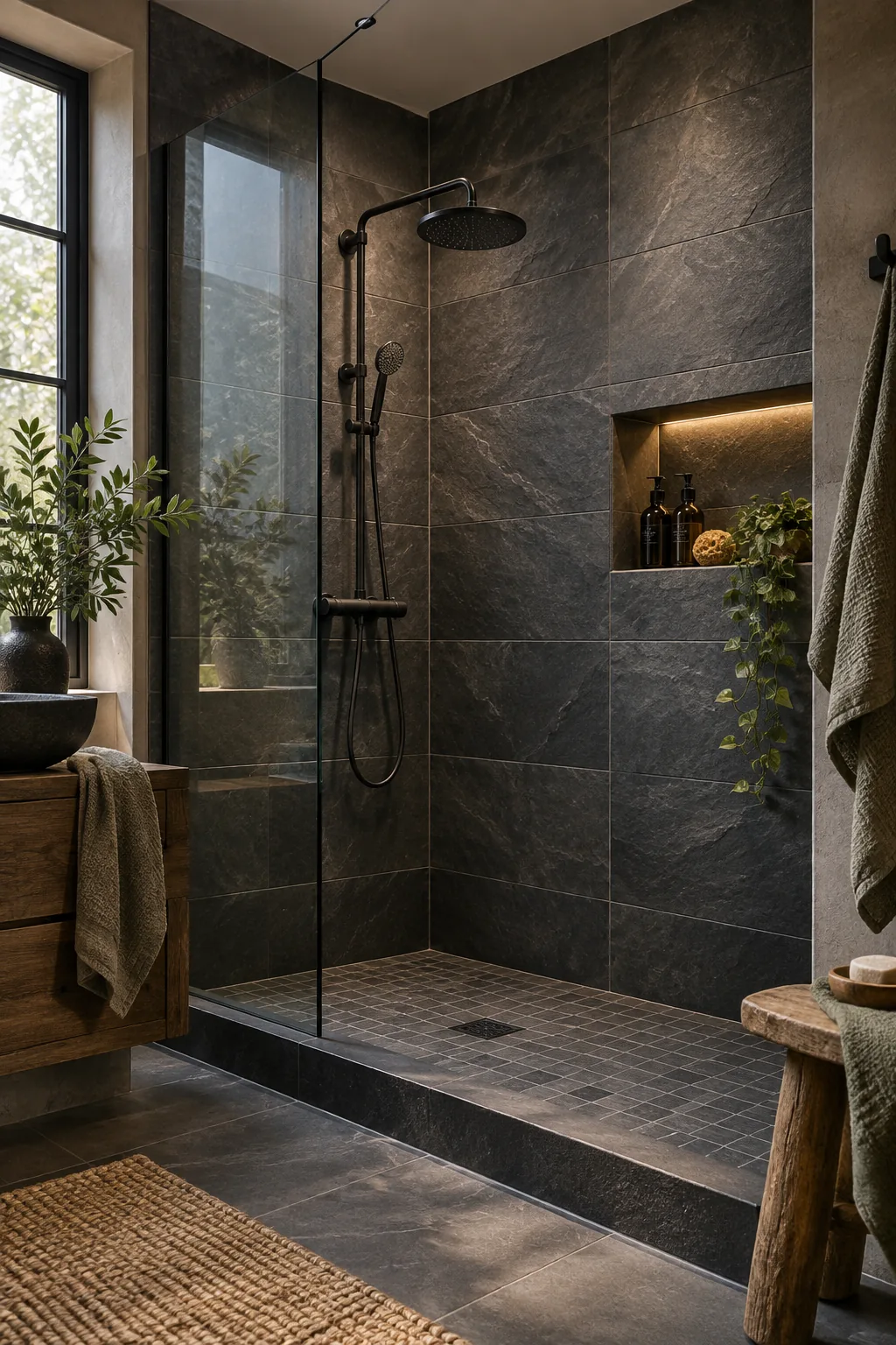 Walk-in shower with charcoal slate tiles and matte black fixtures.