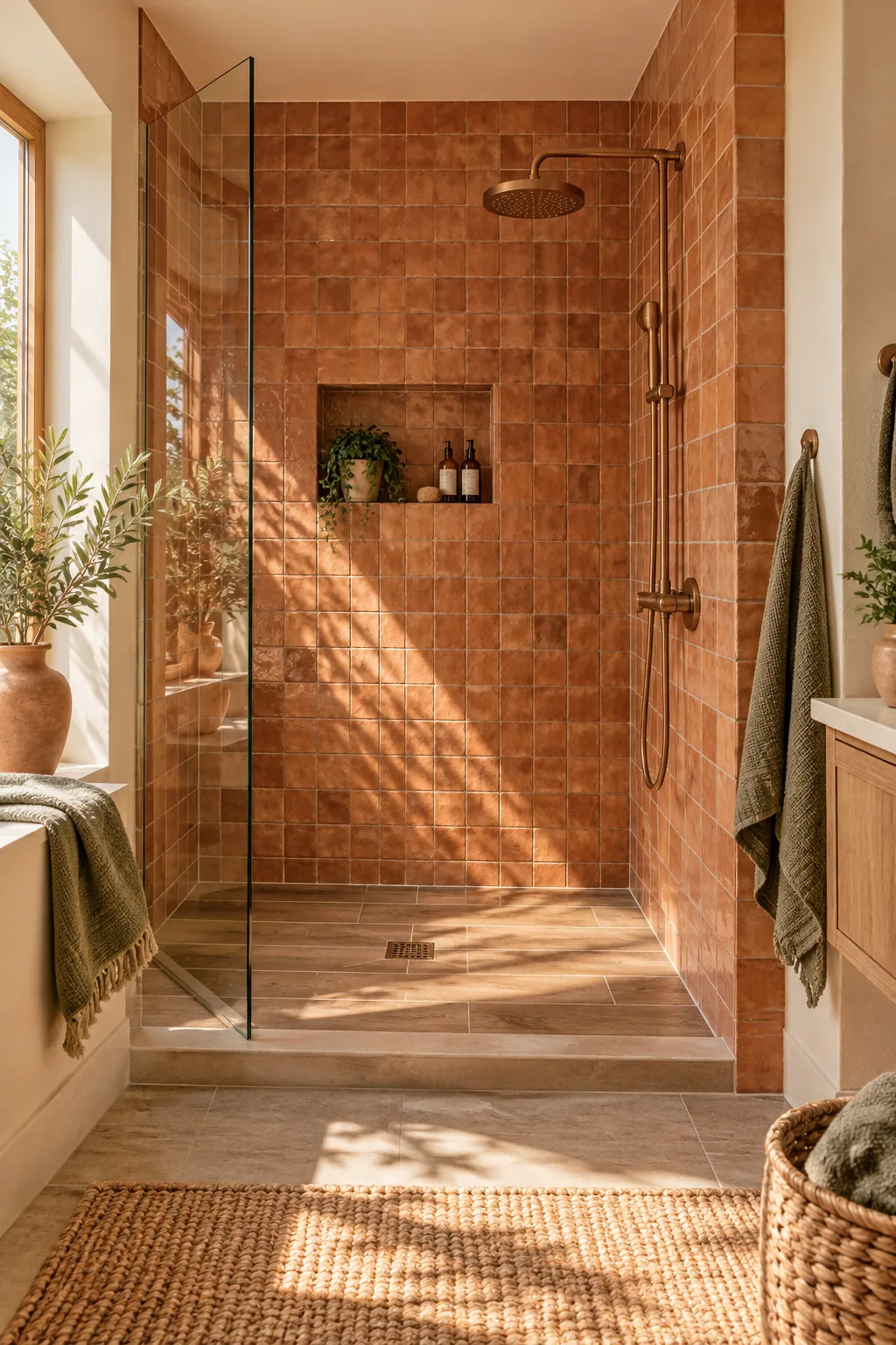 Walk-in shower with square terracotta tiles and brushed copper fixtures.