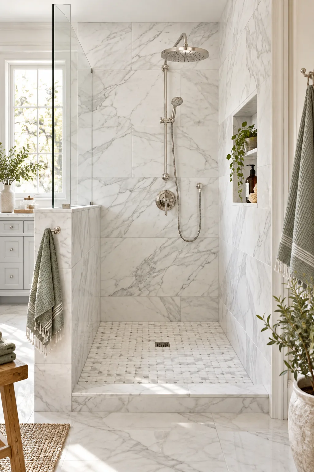 Walk-in shower with white Carrara marble tiles and polished nickel fixtures.