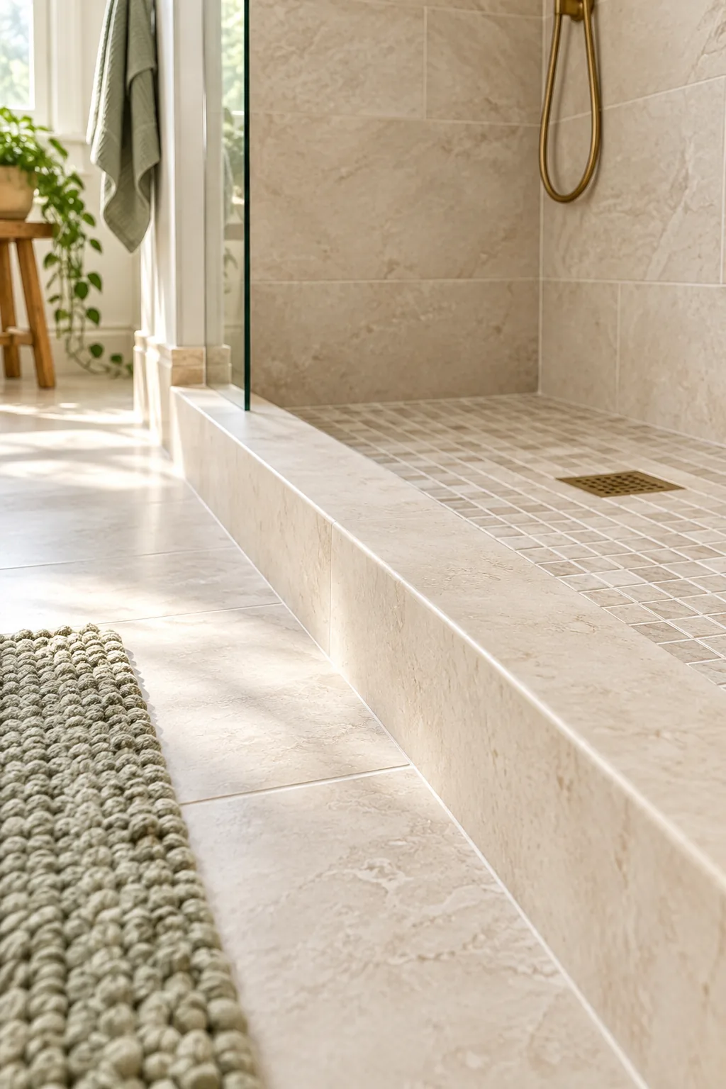 Low-profile stone shower curb transitioning to a light mosaic tile floor.
