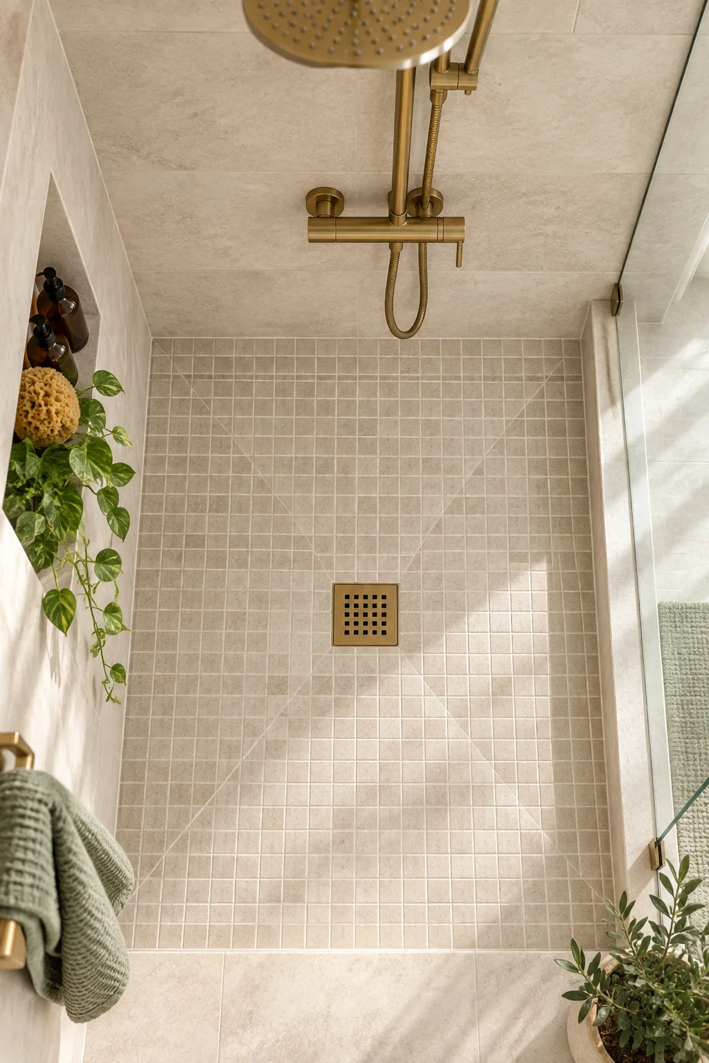 Square brushed brass shower drain set into a light beige mosaic tile floor.