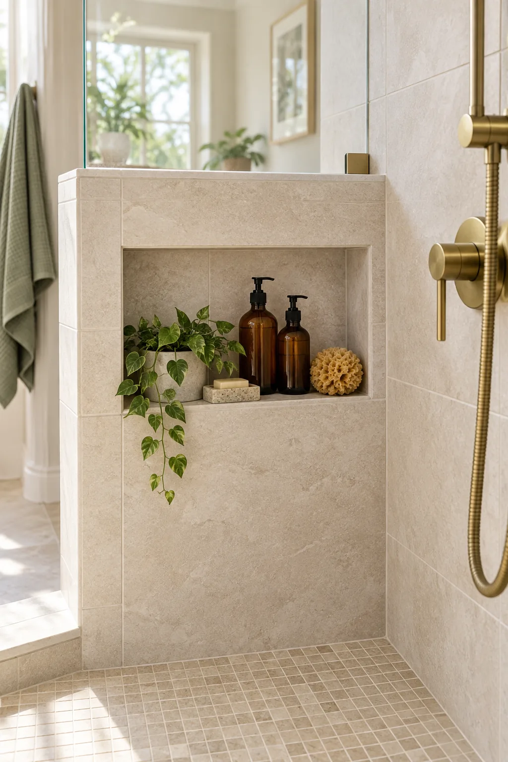 Recessed shower niche built into a tiled half wall holding amber bath bottles and a sponge.