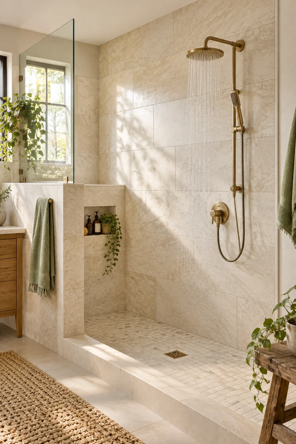 Large rectangular beige stone tiles installed with minimal grout lines on a shower wall.