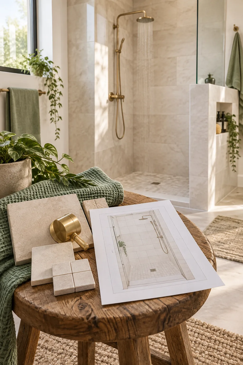 Brushed brass exposed shower pipe system with a rainfall showerhead attached to a tiled wall.