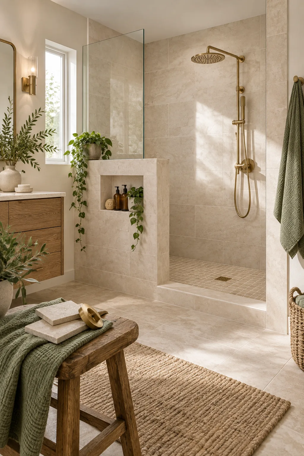 Printed shower layout planner document sitting on a small wooden stool next to tile samples.