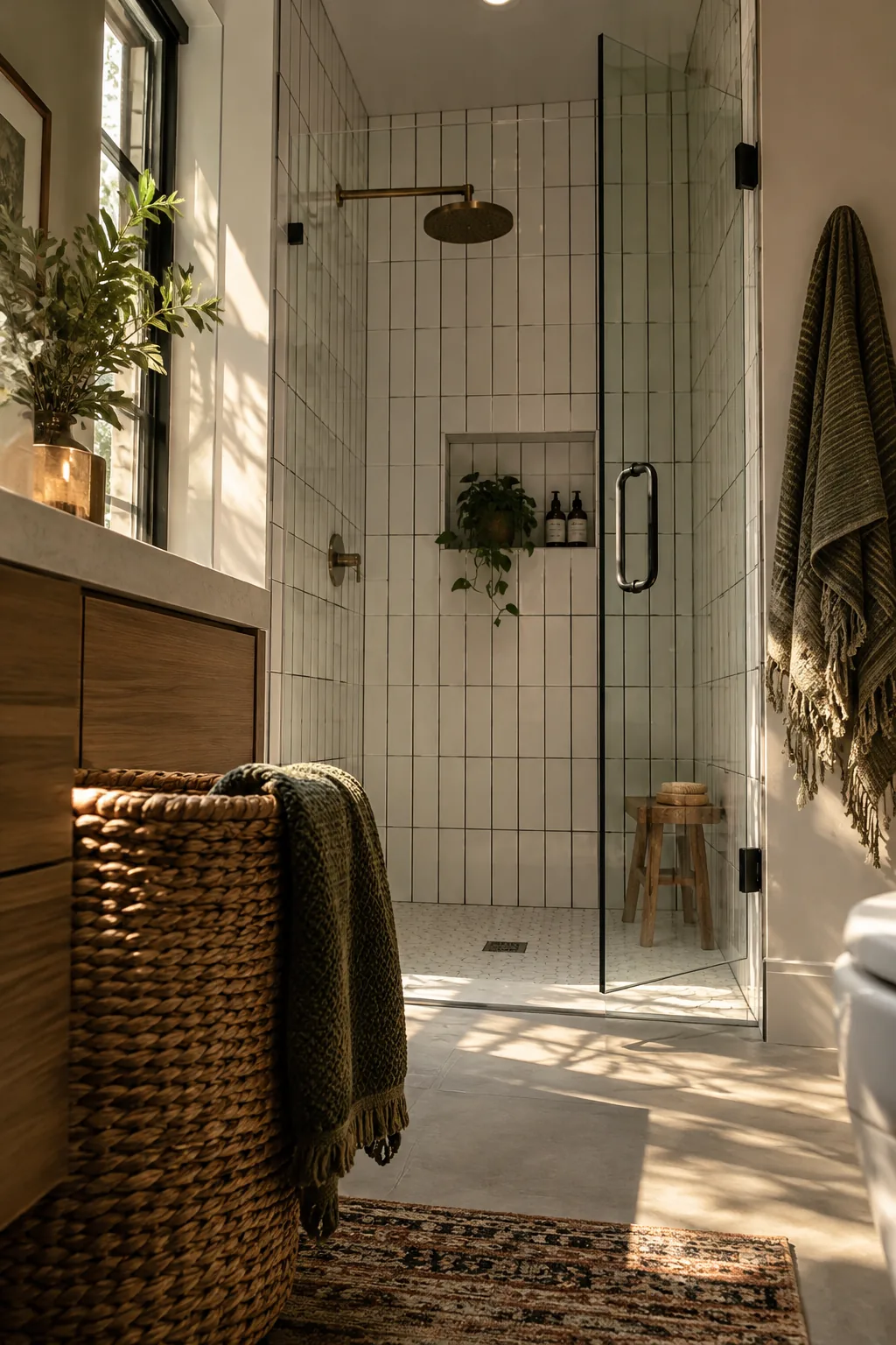 Modern shower wall with white subway tiles stacked vertically in straight columns