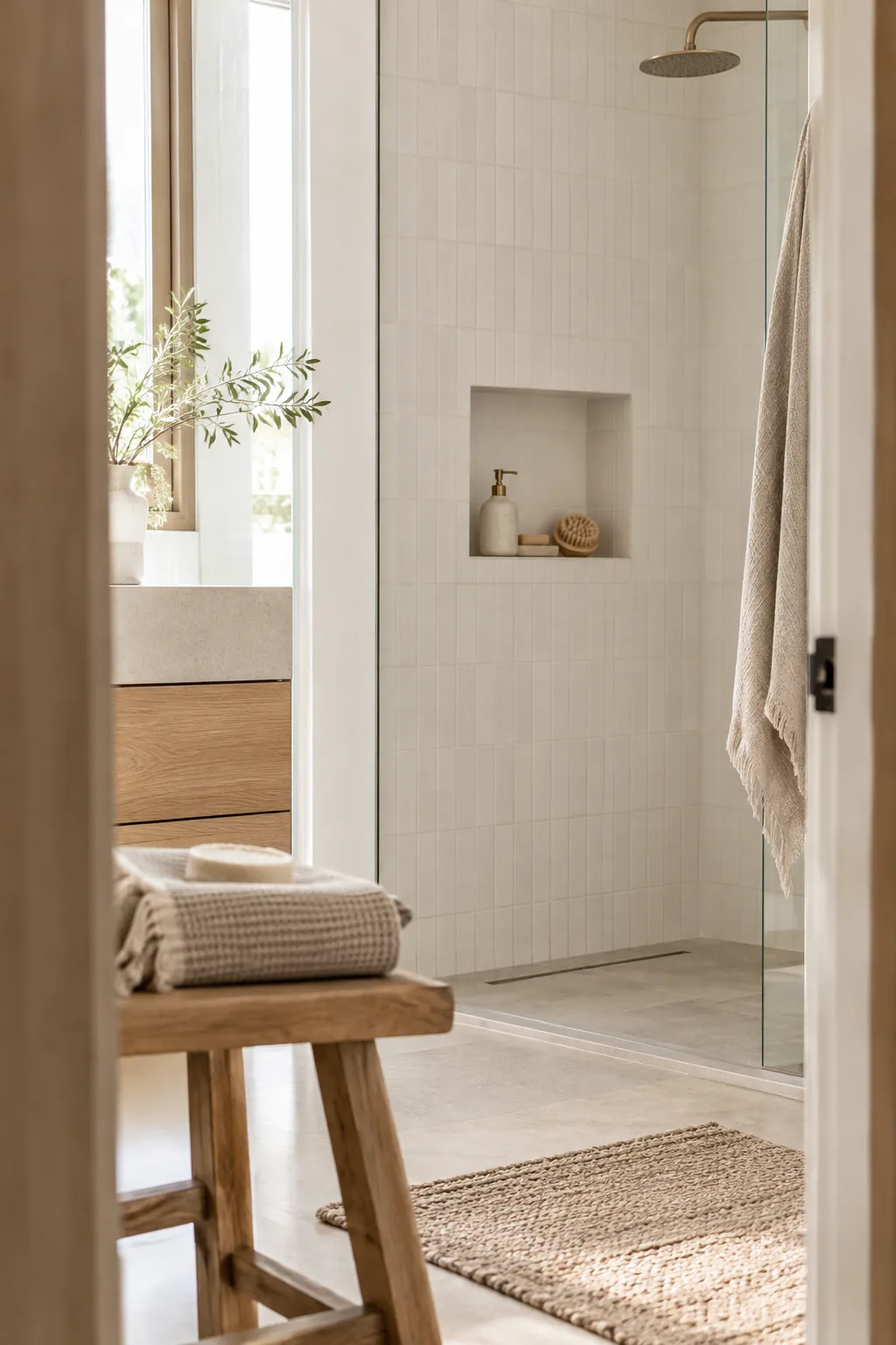 Shower wall featuring a tall built-in niche lined with contrasting mosaic tiles