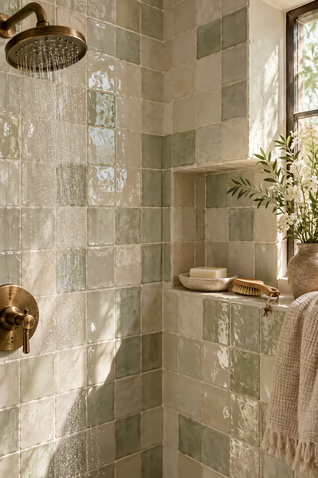 Close-up of a shower wall covered in glossy, uneven Zellige tiles reflecting light