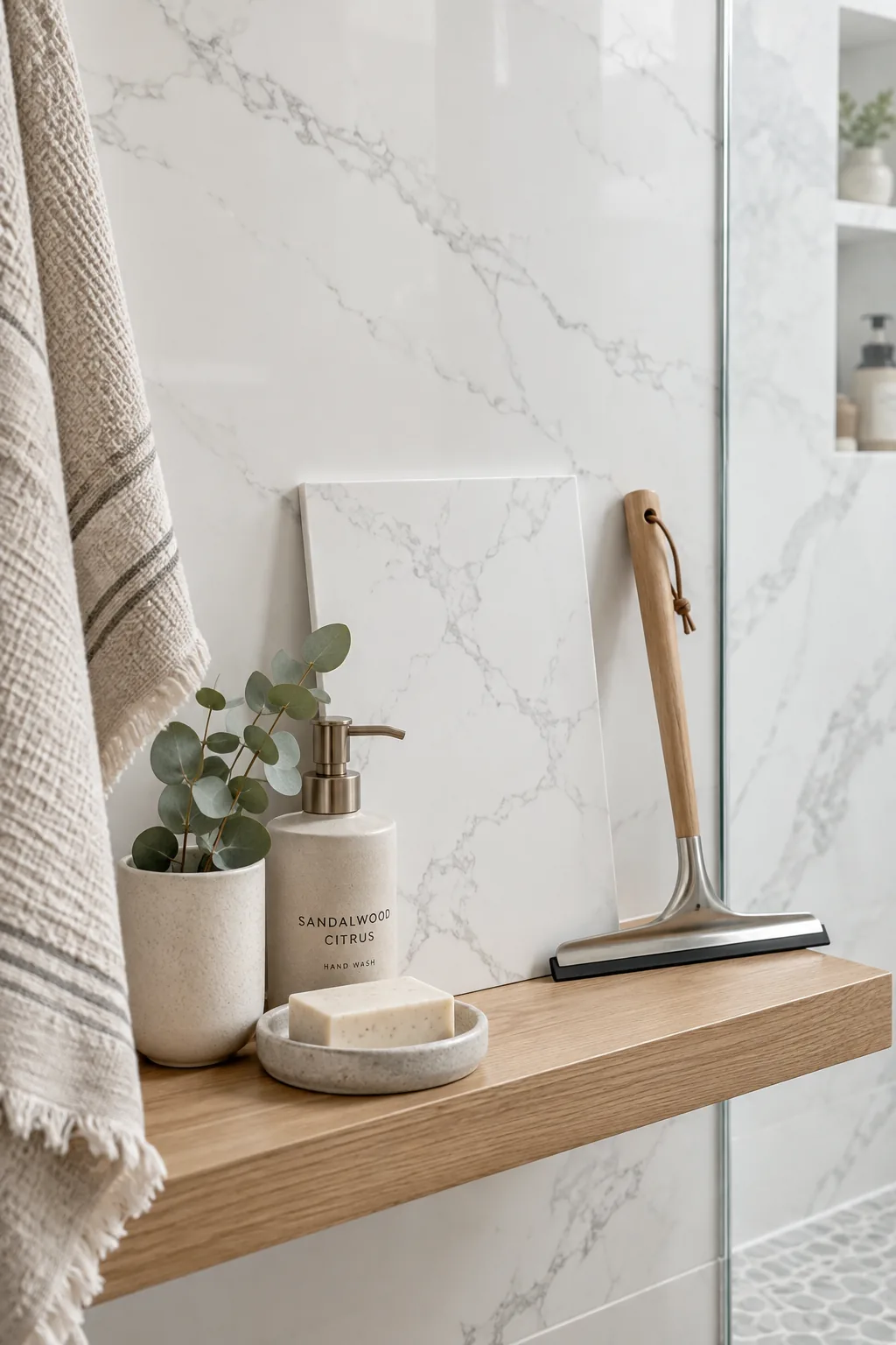 Luxury walk-in shower lined with seamless white marble-look quartz slabs