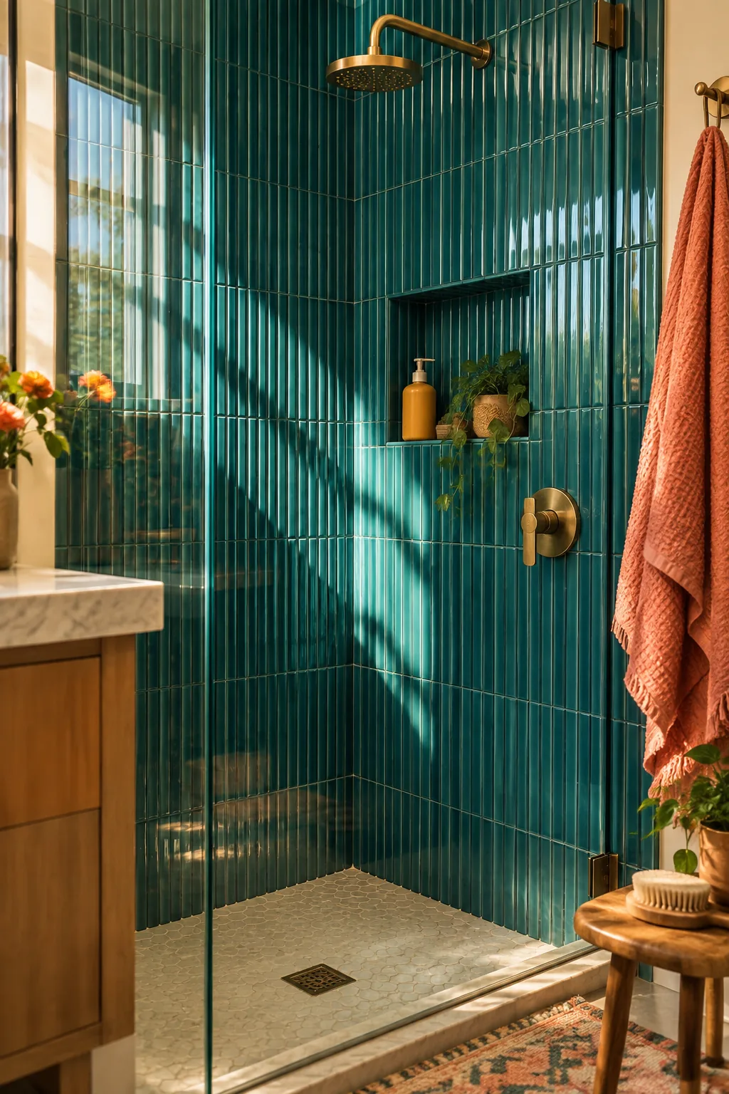 Shower wall featuring 3D ribbed fluted tiles in a soft beige tone