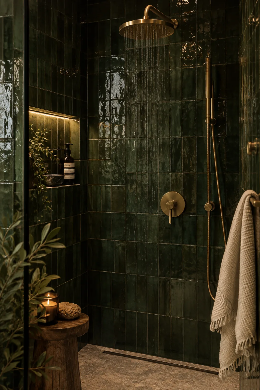Moody shower enclosure featuring charcoal black tiles and unlacquered brass fixtures
