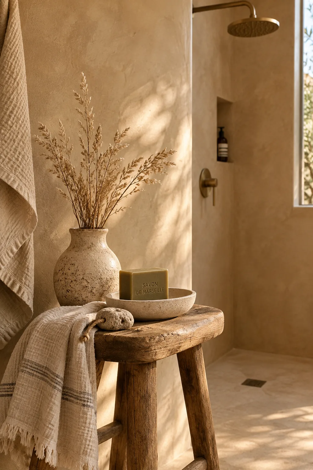 Minimalist shower with smooth, earthy beige Tadelakt plaster walls