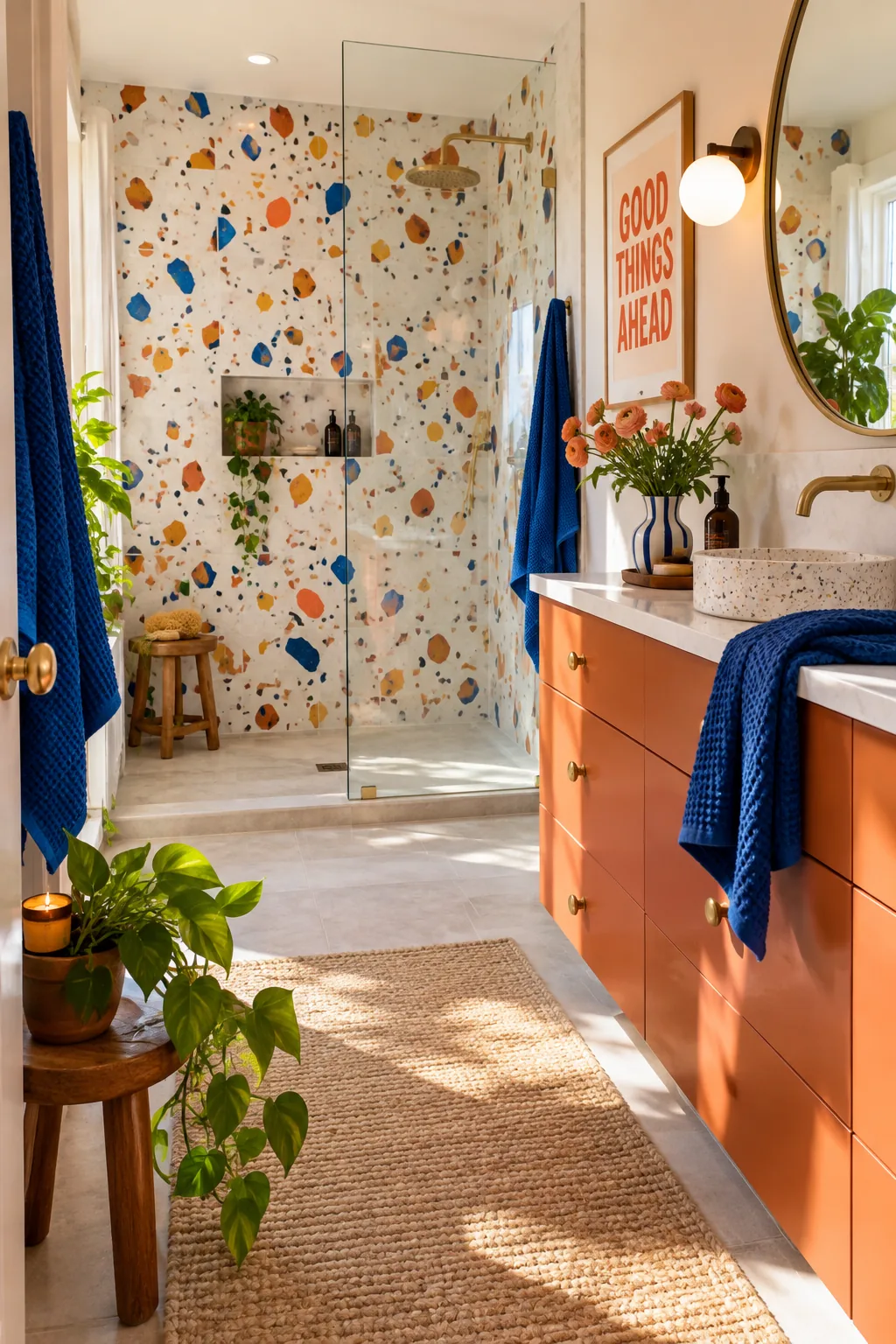Shower accent wall covered in large terrazzo tiles with colorful stone flecks
