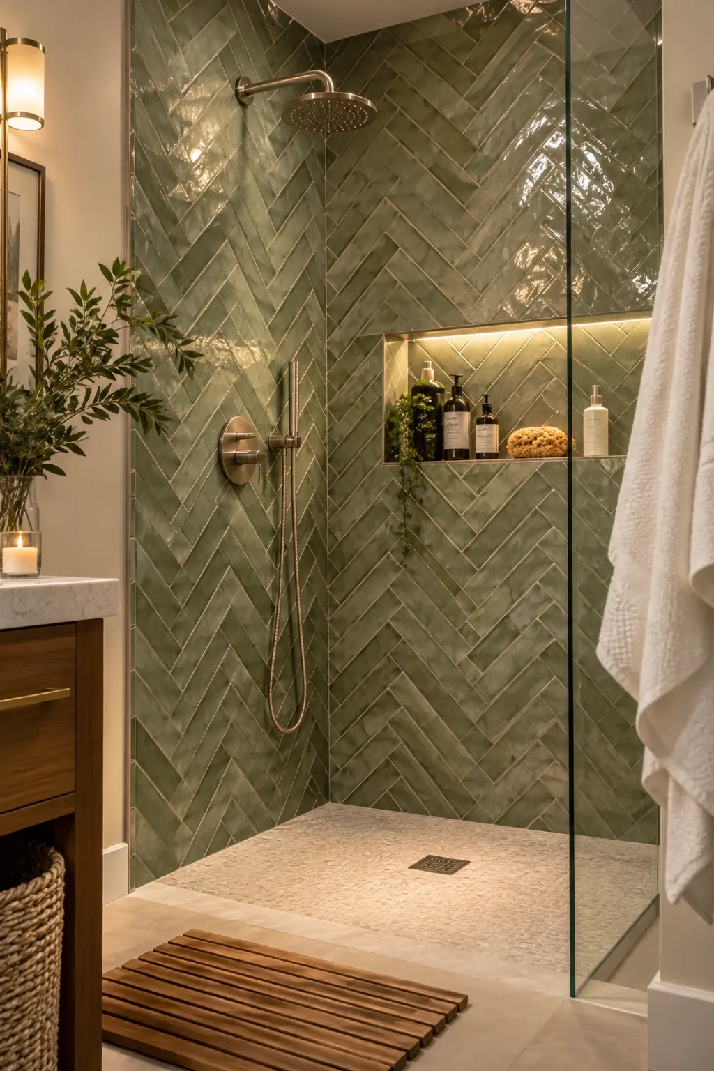 Floor-to-ceiling shower wall featuring white rectangular tiles in a herringbone pattern