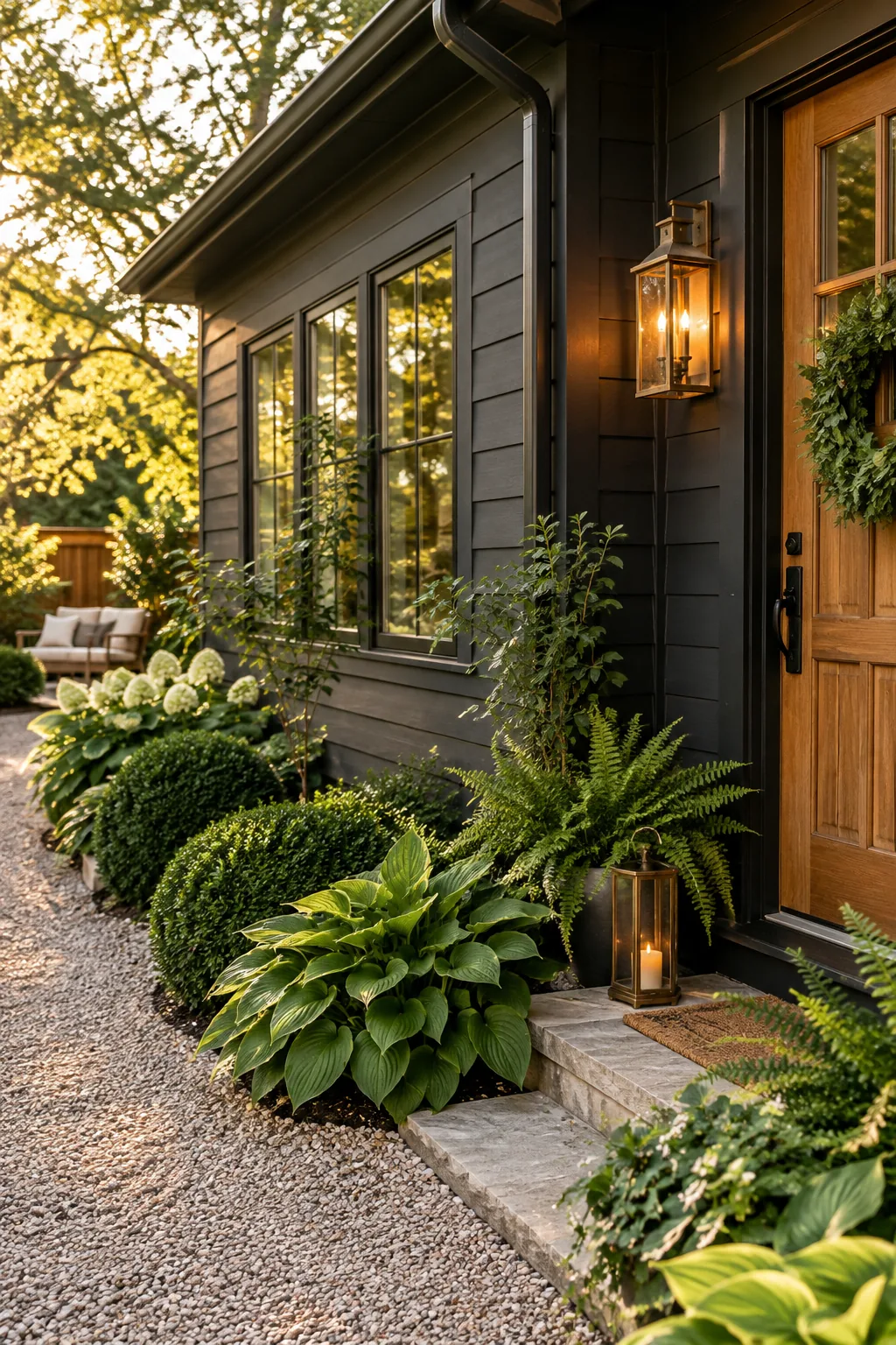 Dark charcoal house exterior with bright green foundation plants and cedar posts