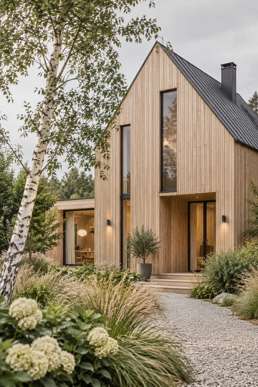 Modern home exterior with vertical natural wood siding and large windows
