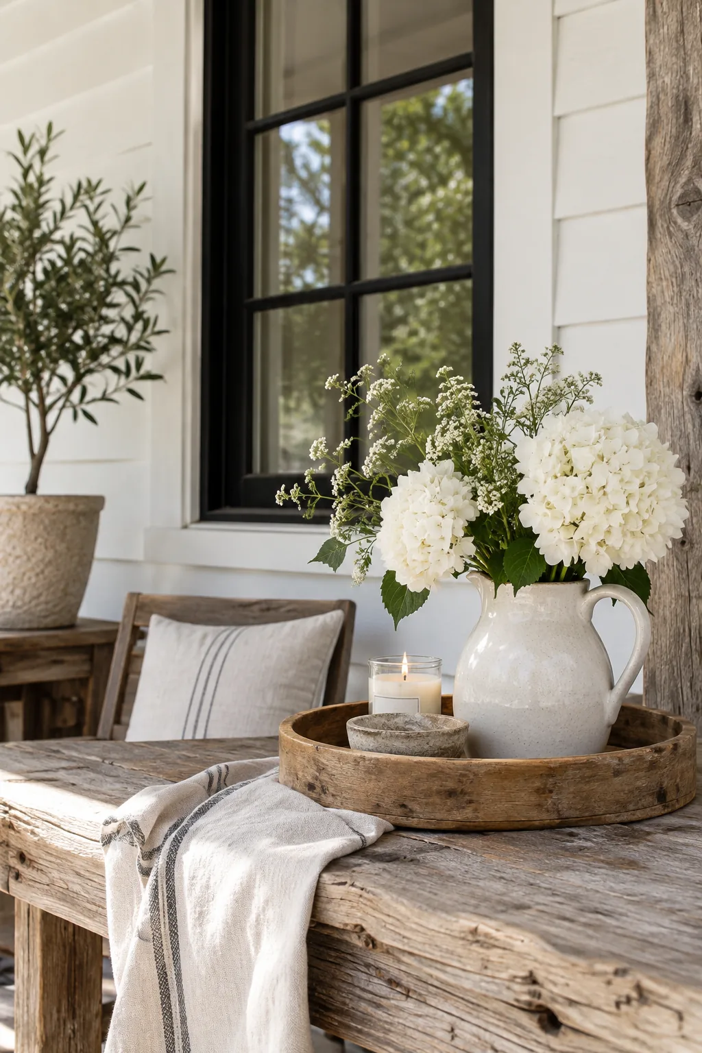 Modern farmhouse exterior with stark white siding and black window frames