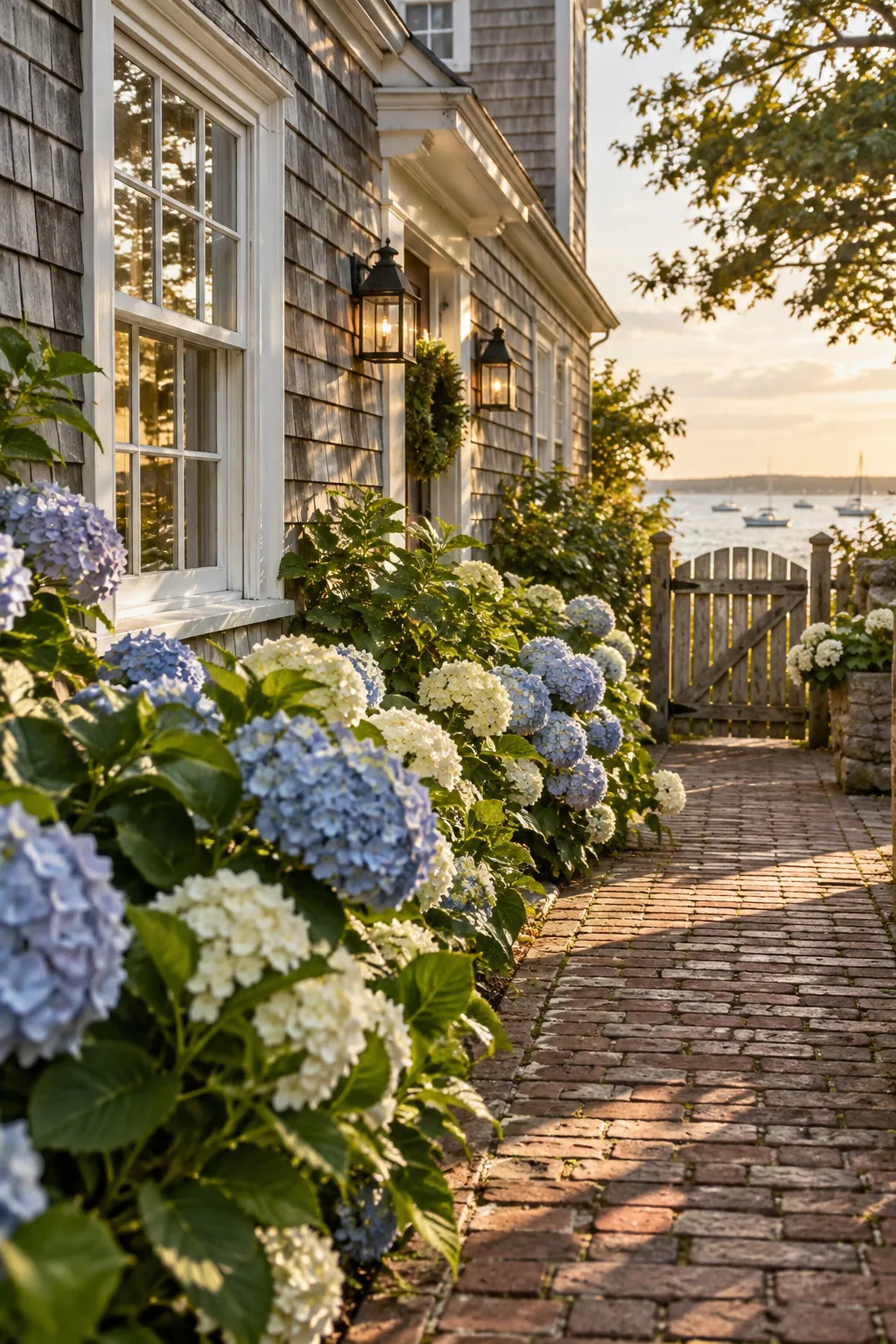 Coastal style home with weathered gray cedar shake siding and hydrangea bushes