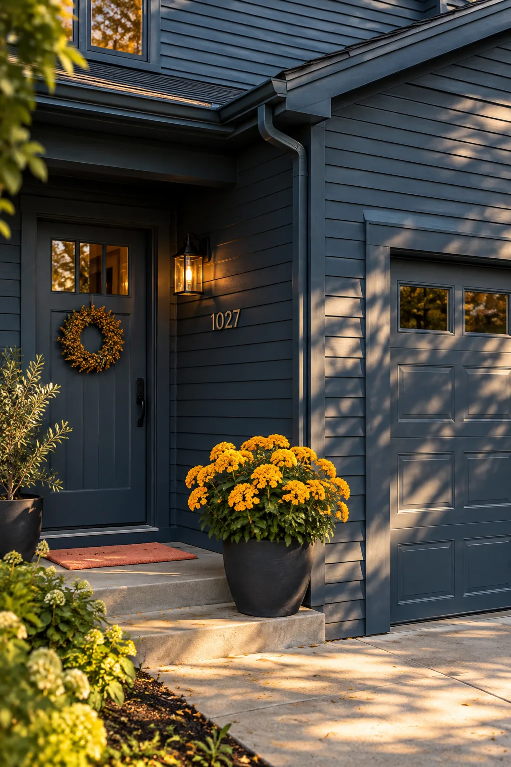 Small house with monochromatic deep olive vinyl siding and matching trim
