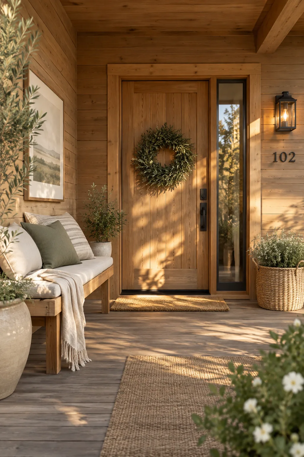Front porch area wrapped in warm natural wood siding