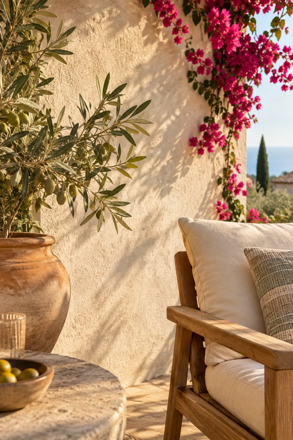 Smooth white stucco siding on a home with a lush garden patio