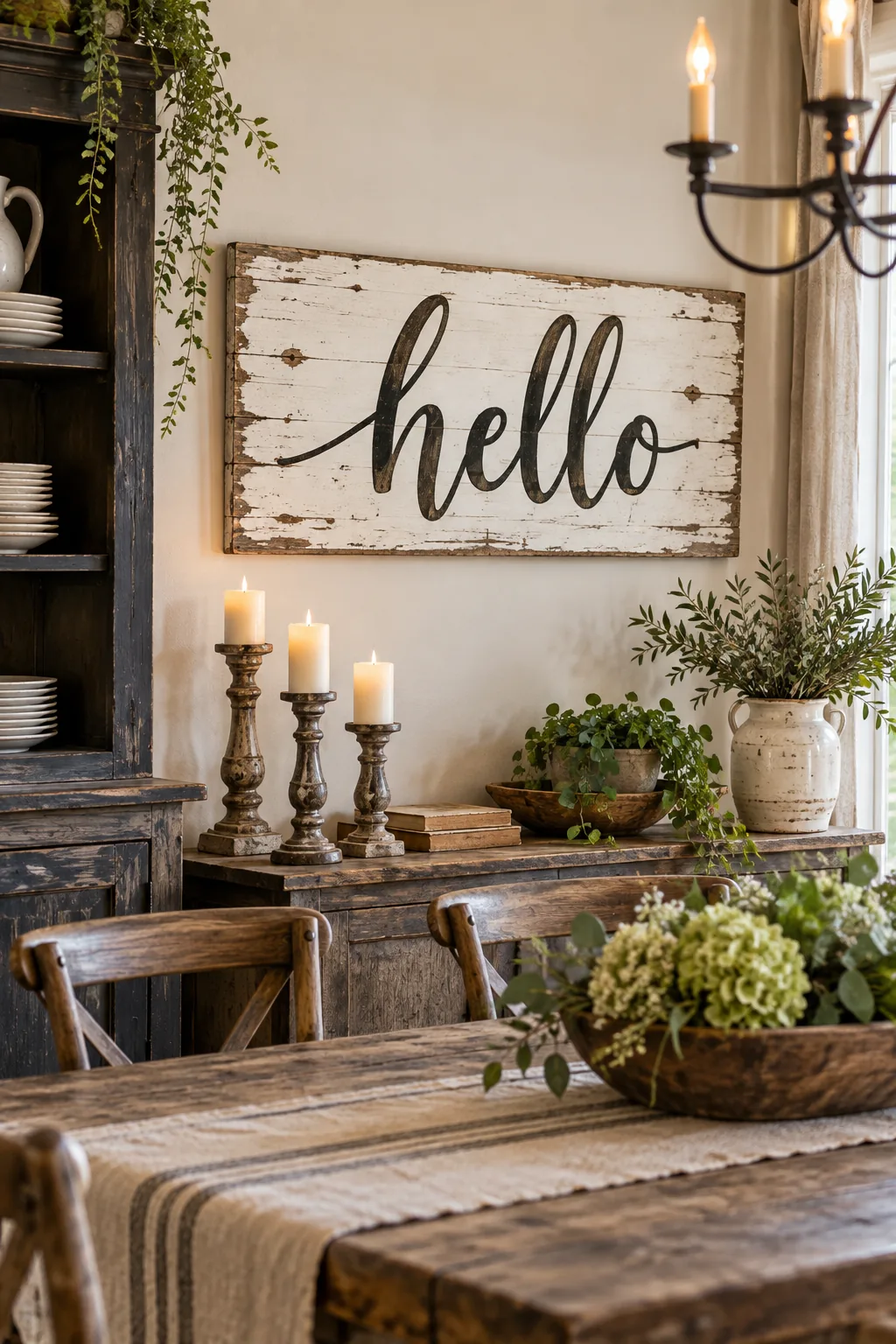 A distressed white wood sign with black lettering in a rustic dining room.