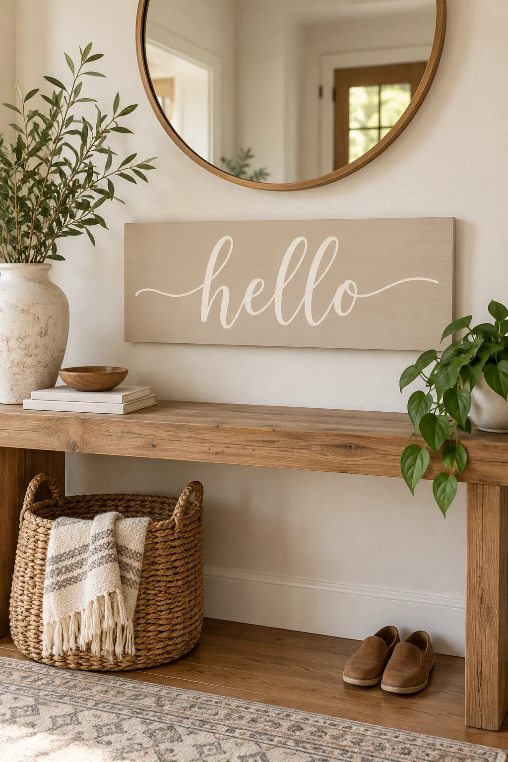 A beige wood sign with white lettering in a minimalist entryway.